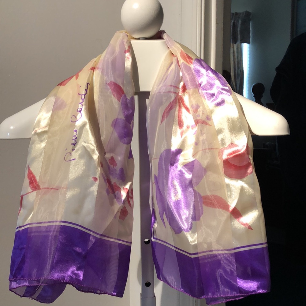 Pierre Cardin Vintage Floral Silk Scarf with Purple and Pink Accents